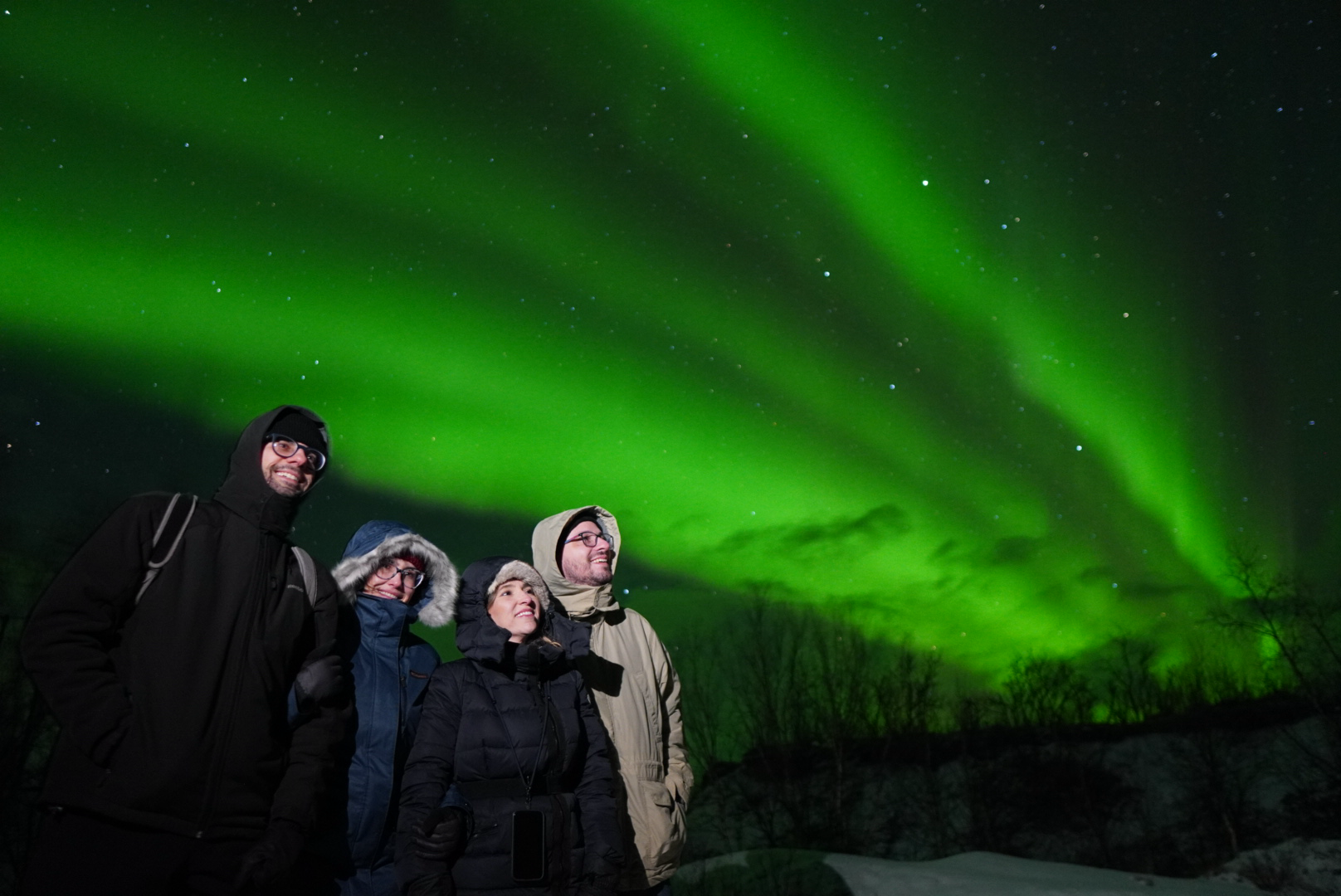 Four guests watching green Northern Lights over Lofoten at night