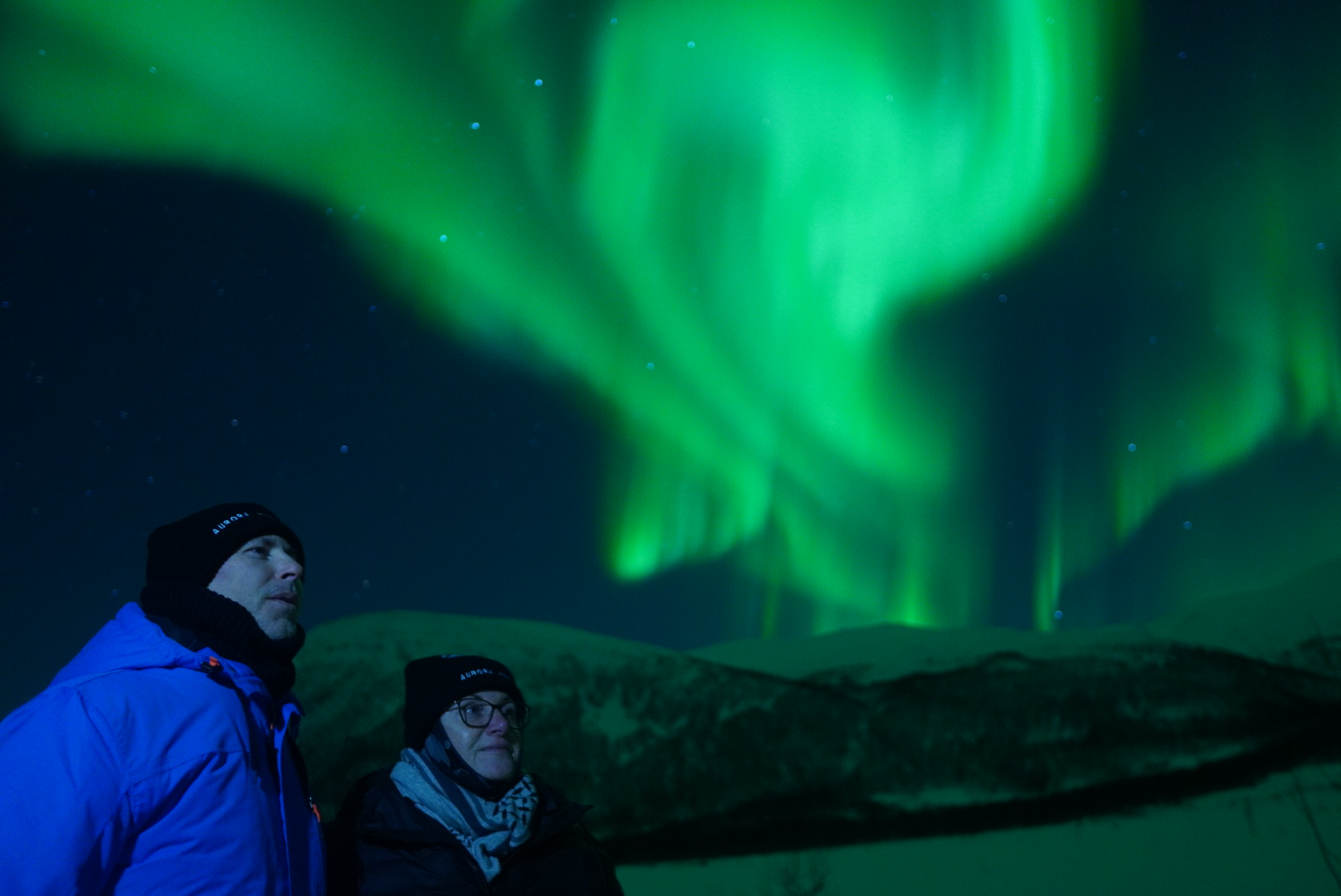 Two guests watching green aurora above the Lofoten mountains