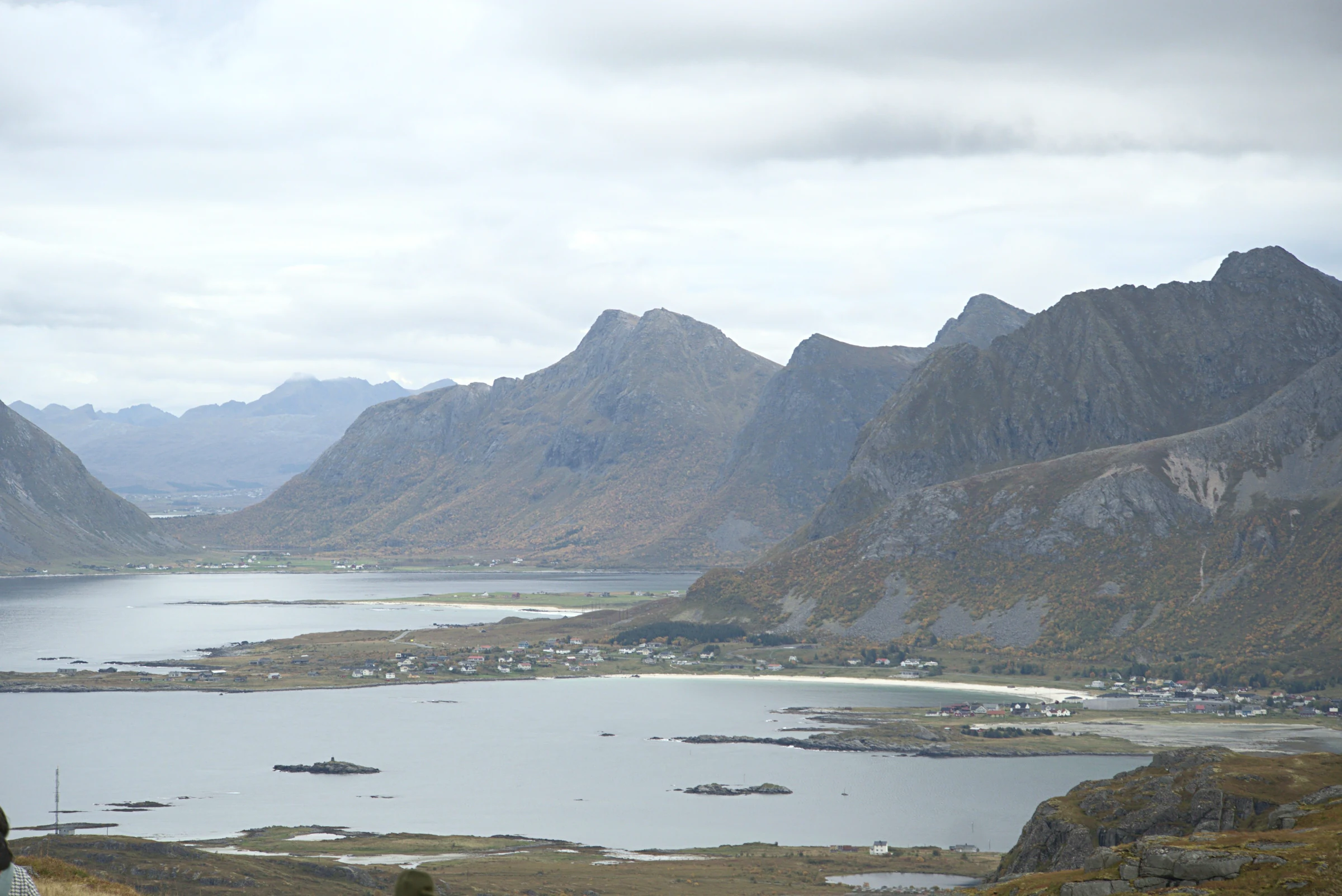 Wide view of the coastal fjords and mountains near Ryten
